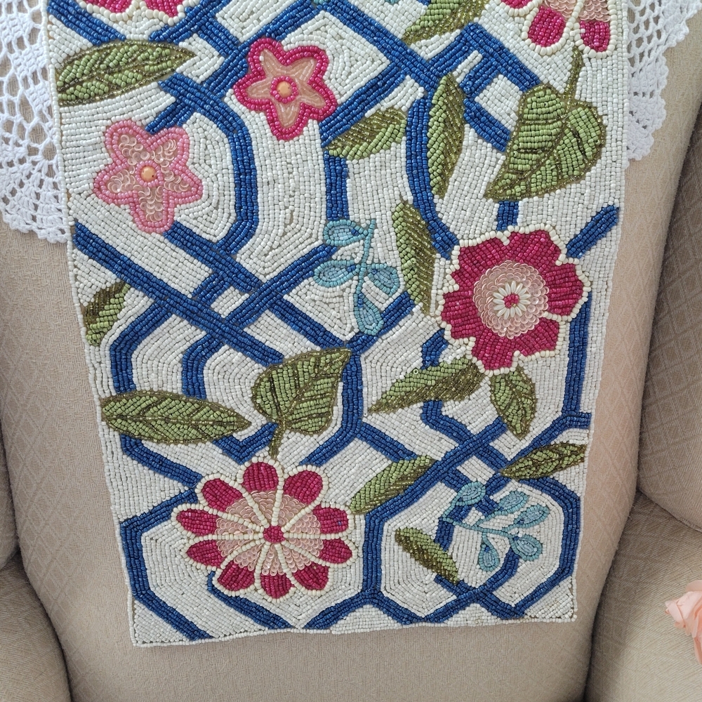 Rare Pier 1 Imports Floral Beaded Table Runner with Floral Pattern 38X13 Inches